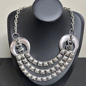 Silver Brutalist Rhinestone Collar Statement Necklace